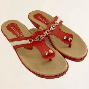 Buccheri Sandals Red With White Details Metal Embellishment Strap Size 38 / 7.5
